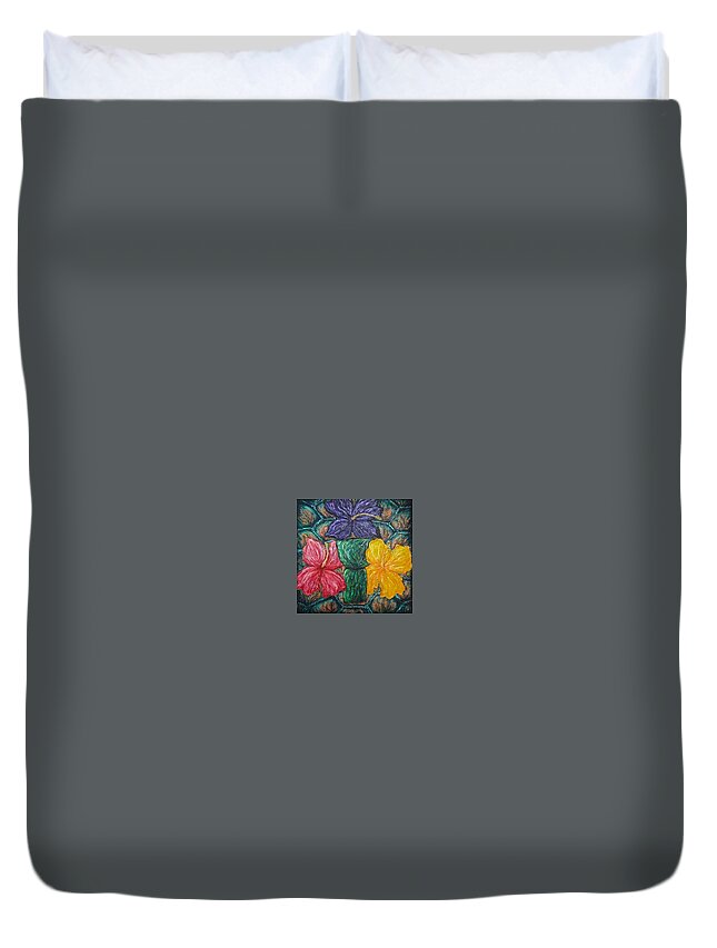 Guam Duvet Cover featuring the painting Turtle Latte Stone Hibiscus by Michelle Pier