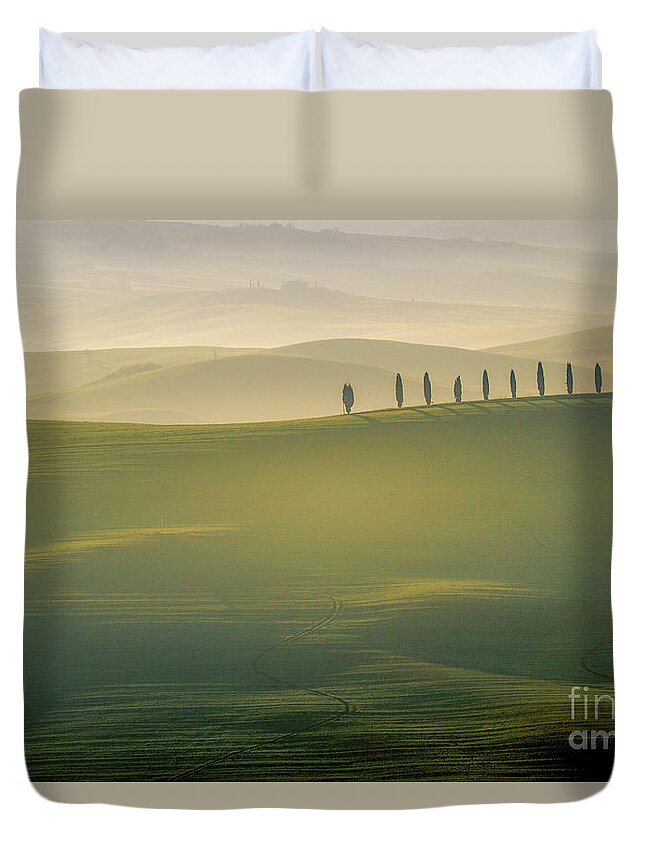 Landscape Duvet Cover featuring the photograph Tuscany Landscape with Cypress Trees by Heiko Koehrer-Wagner