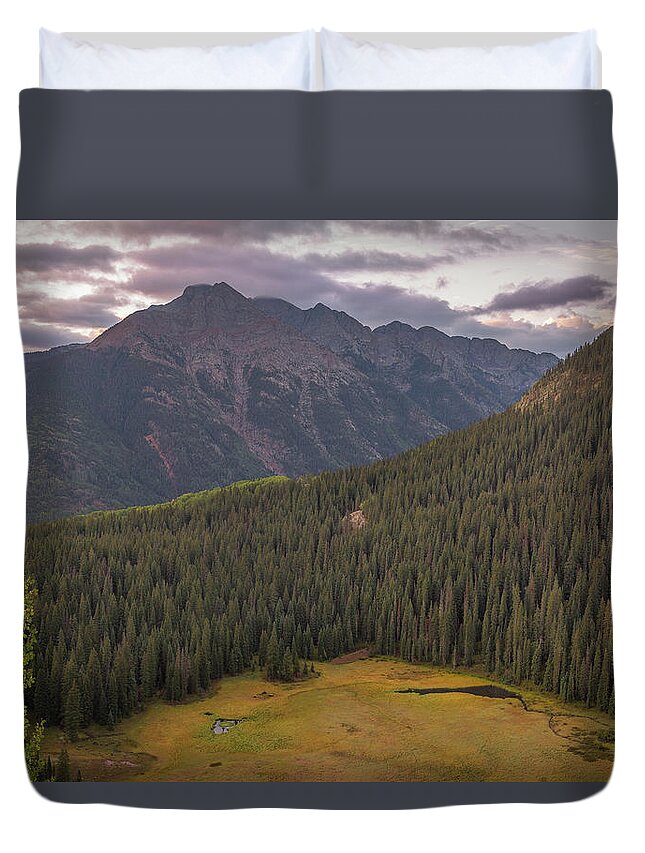 Sunrise Duvet Cover featuring the photograph Twighlight Peak by Jen Manganello