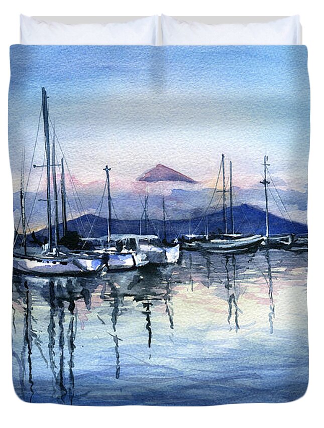 Marina Duvet Cover featuring the painting Twilight at Horta Azores by Dora Hathazi Mendes