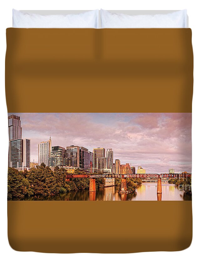 Downtown Austin Duvet Cover featuring the photograph Twilight Panorama of Downtown Austin Skyline from Pfluger Pedestrian Bridge - Texas Hill Country by Silvio Ligutti