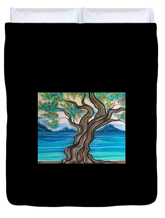 Water View Duvet Cover featuring the drawing Twisted Tree by Joan Stratton