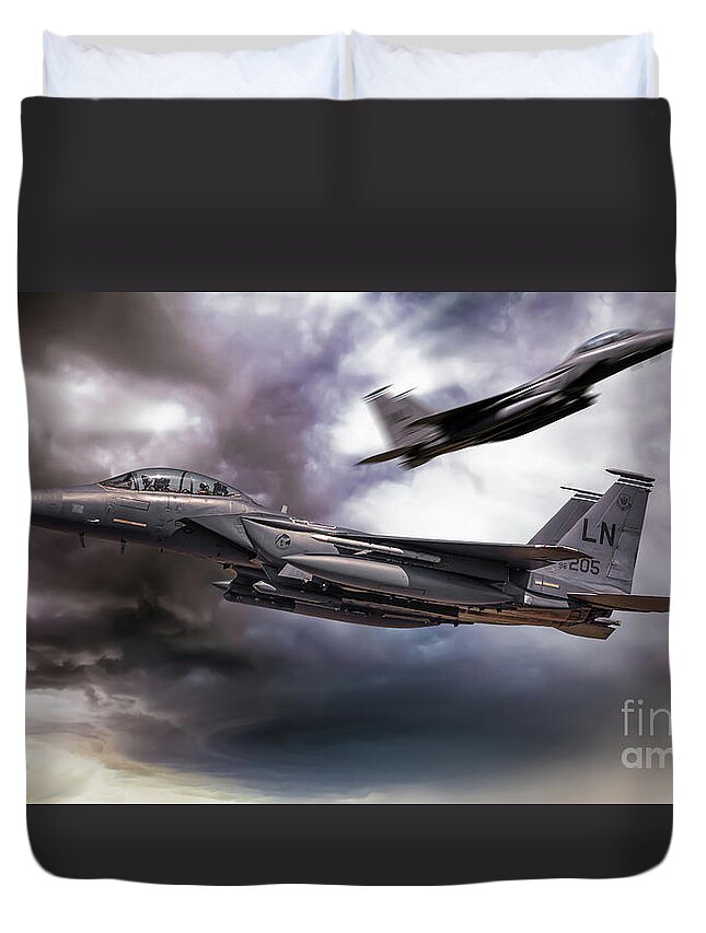 F15 Duvet Cover featuring the digital art Two F-15E Strike Eagle passing in storm clouds by Simon Bratt
