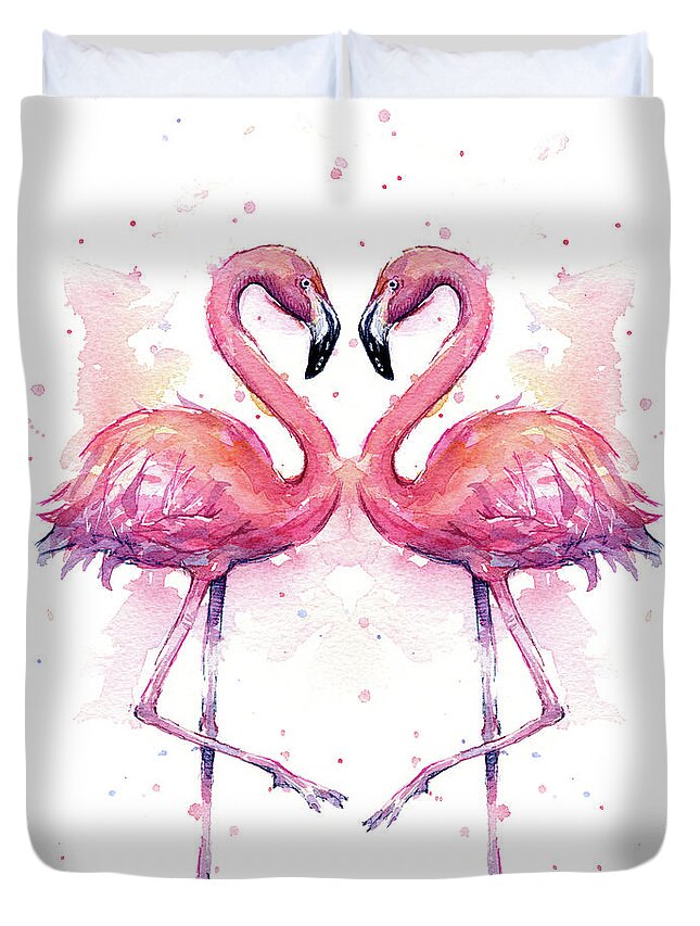 Flamingo Duvet Cover featuring the painting Two Flamingos In Love Watercolor by Olga Shvartsur