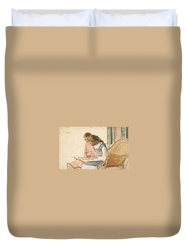 Winslow Homer Duvet Cover featuring the painting Two Girls Looking at a Book by Winslow Homer