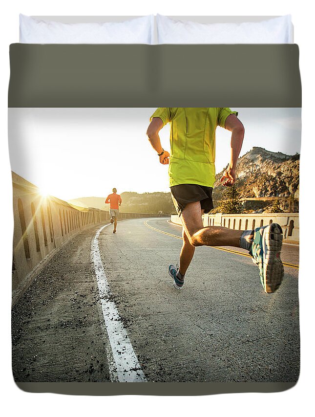 Scenics Duvet Cover featuring the photograph Two Men On An Early Morning Run by Jordan Siemens