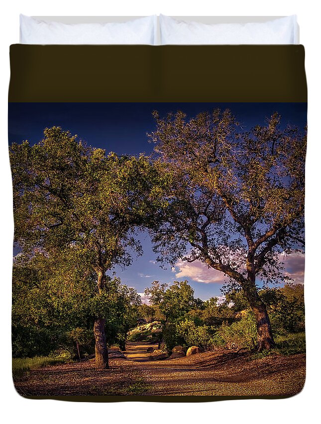 Oak Trees Duvet Cover featuring the photograph Two Old Oak Trees At Sunset by Endre Balogh