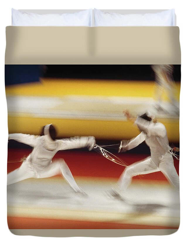 Foil Fencing Duvet Cover featuring the photograph Two People Fencing Blurred Motion by David Madison