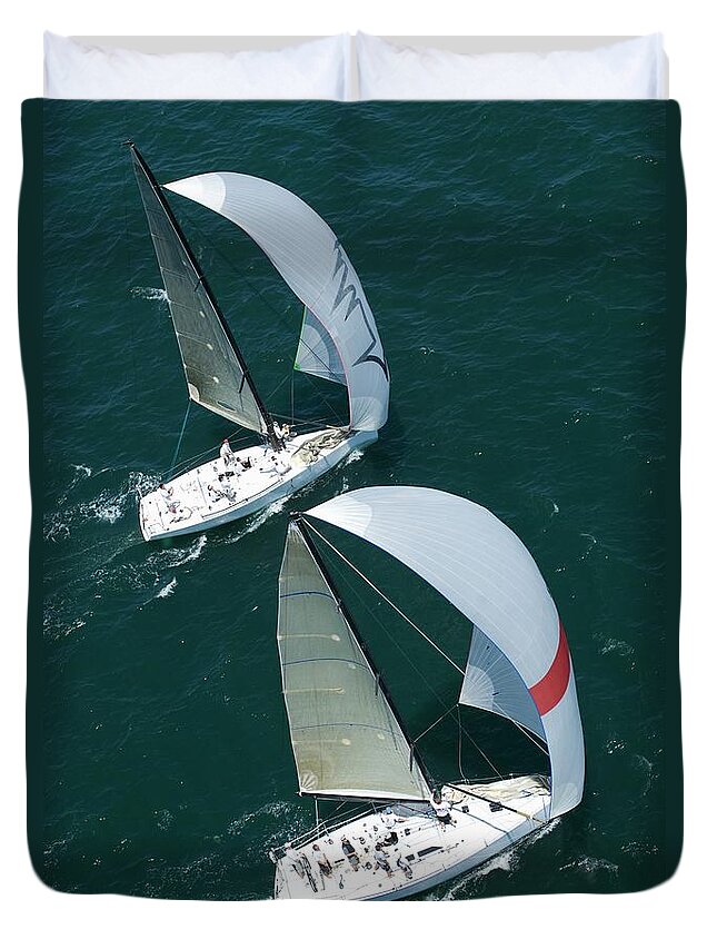Wind Duvet Cover featuring the photograph Two Yachts Compete In Team Sailing by Moodboard
