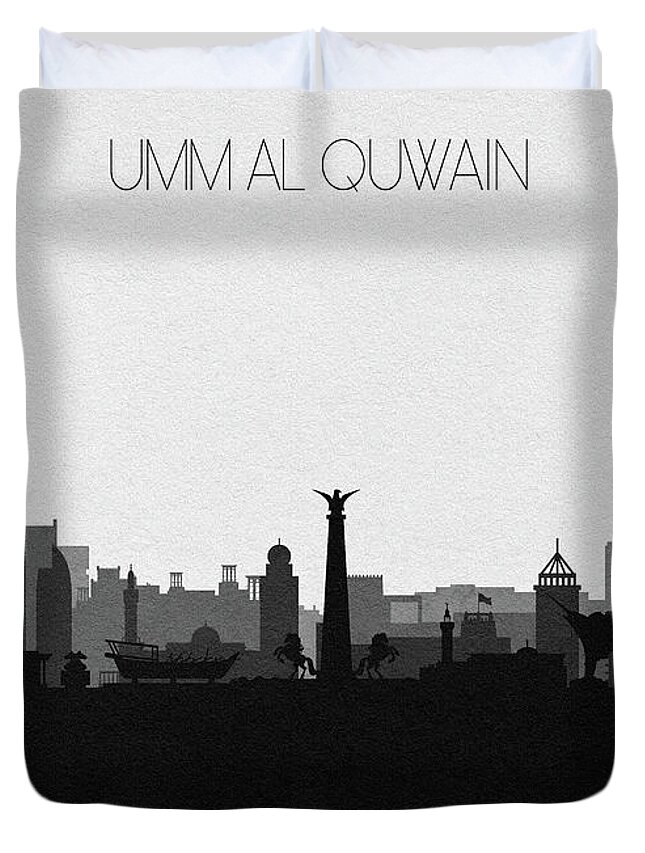 Umm Al Quwain Duvet Cover featuring the digital art Umm Al Quwain Cityscape Art by Inspirowl Design