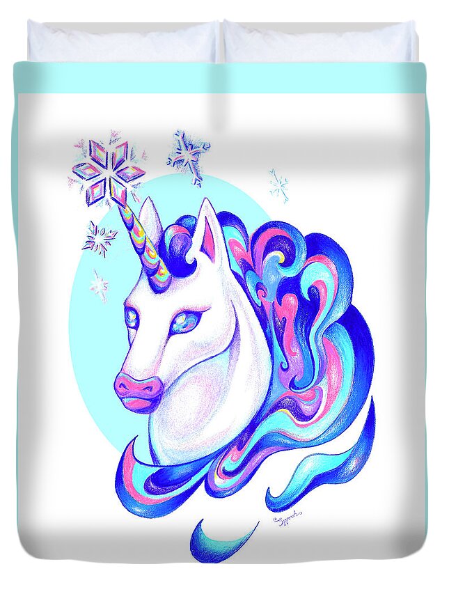 Unicorn Duvet Cover featuring the drawing Unicorn Winter by Sipporah Art and Illustration