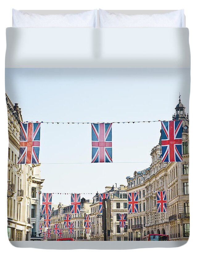 Hanging Duvet Cover featuring the photograph Union Jack Flags On Regent Street by John Harper