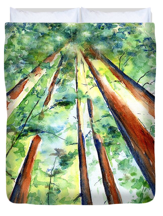 Trees Duvet Cover featuring the painting Up through the Redwoods by Carlin Blahnik CarlinArtWatercolor