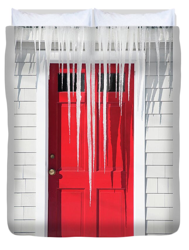 Long Duvet Cover featuring the photograph Usa, Maine, Camden, Icicles Over Red by Daniel Grill