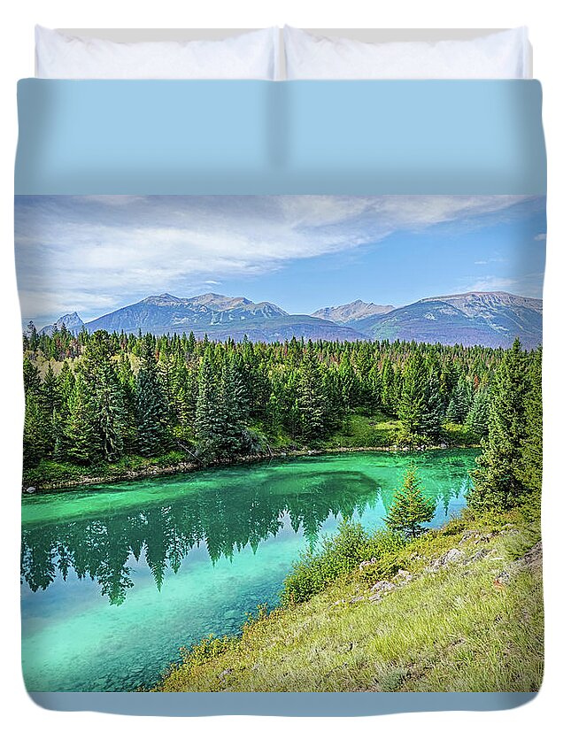 Jasper Duvet Cover featuring the photograph Valley of the Five Lakes Third Lake Jasper National Park Alberta Canada Reflection by Toby McGuire