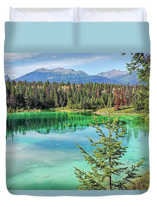 Jasper Duvet Cover featuring the photograph Valley of the Five Lakes Third Lake Jasper National Park Alberta Canada by Toby McGuire