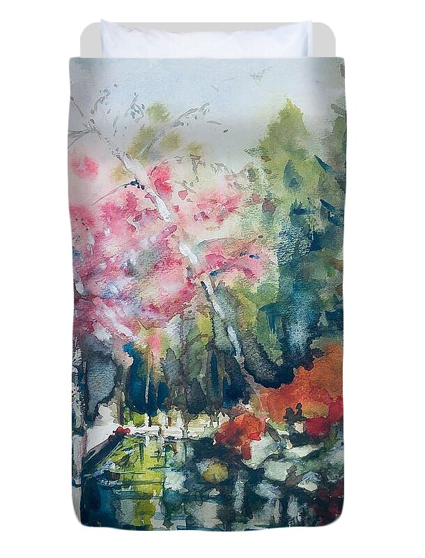 Cherry Blossoms Duvet Cover featuring the painting Van Dusen Spring Views by Sonia Mocnik