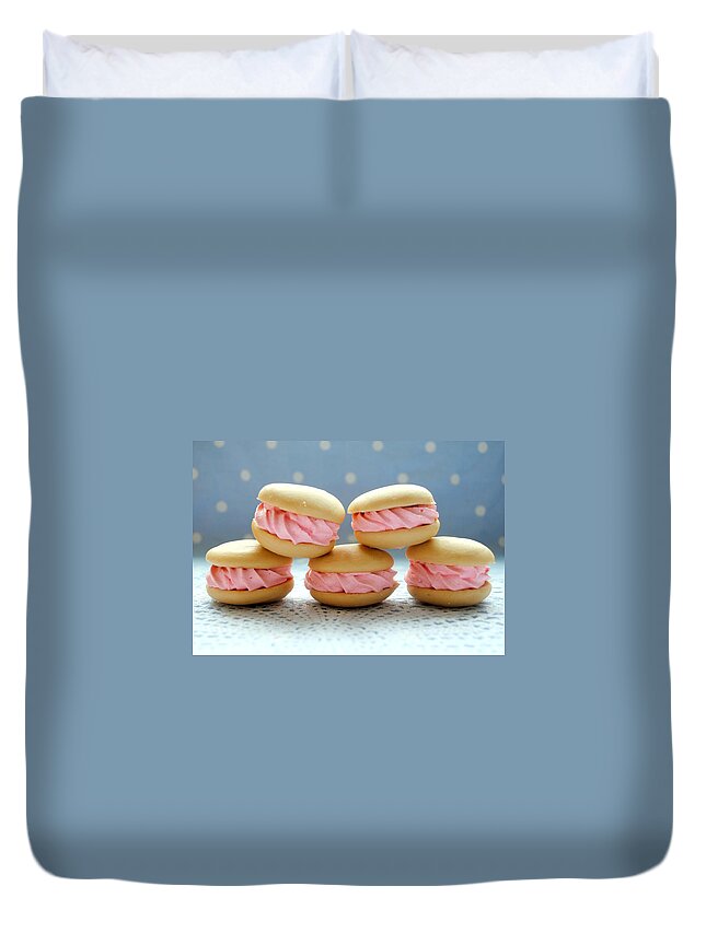 Five Objects Duvet Cover featuring the photograph Vanilla & Strawberry Mallow Whoopie Pies by Torie Jayne