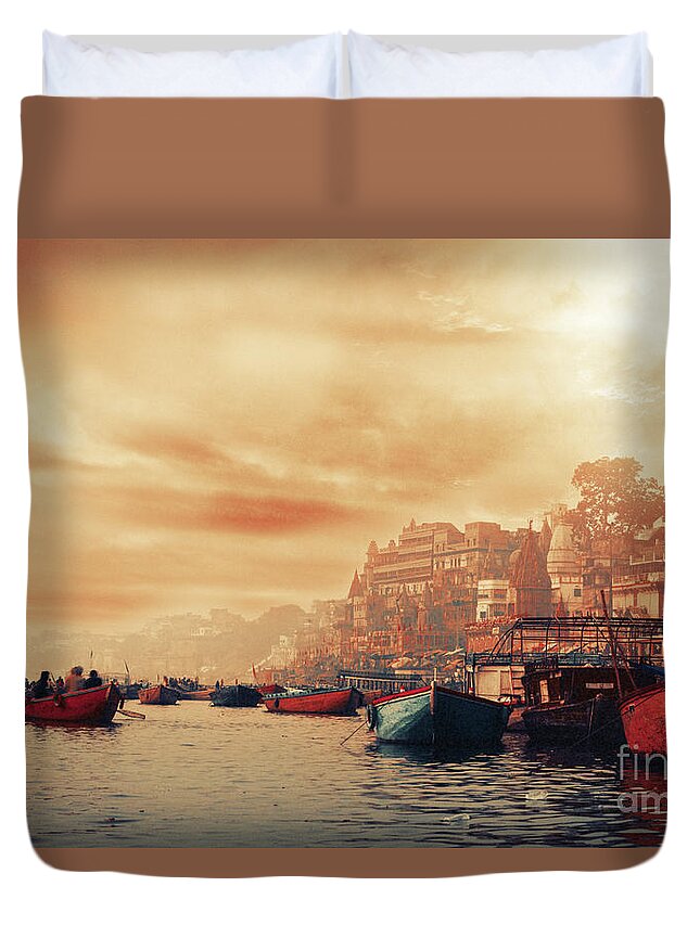 Varanasi Duvet Cover featuring the photograph Varanasi - Ganges river at sunrise by Stella Levi