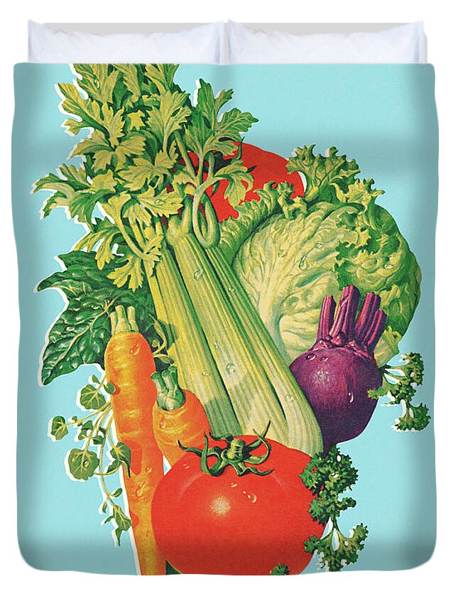 Blue Background Duvet Cover featuring the drawing Variety of Vegetables by CSA Images