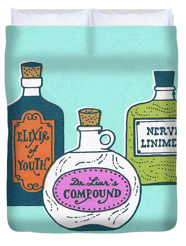 Blue Background Duvet Cover featuring the drawing Various Medicine Bottles by CSA Images