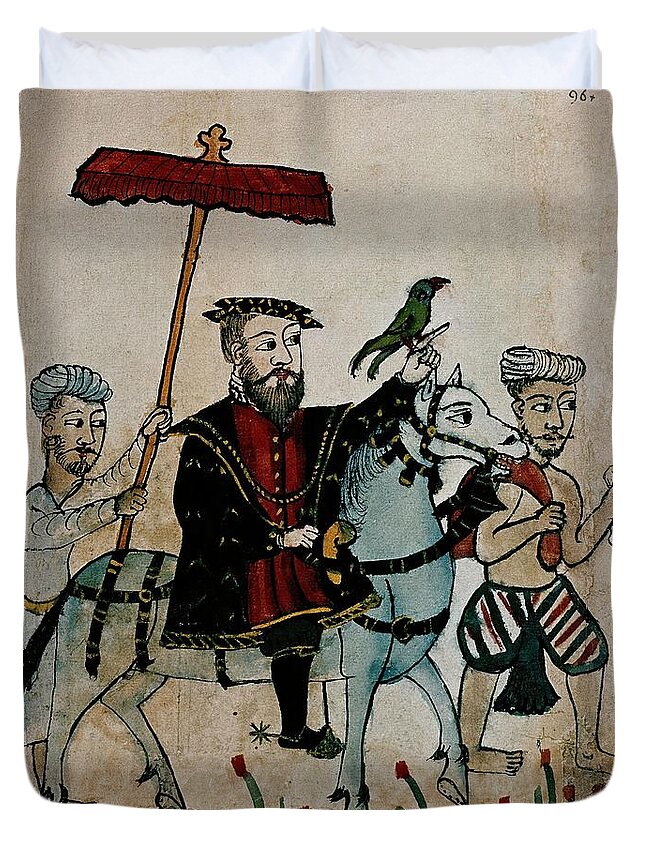 Vasco De Gama Duvet Cover featuring the drawing Vasco de Gama riding representing the Portuguese coming to India. Rome, Biblioteca Casanatense. by Album