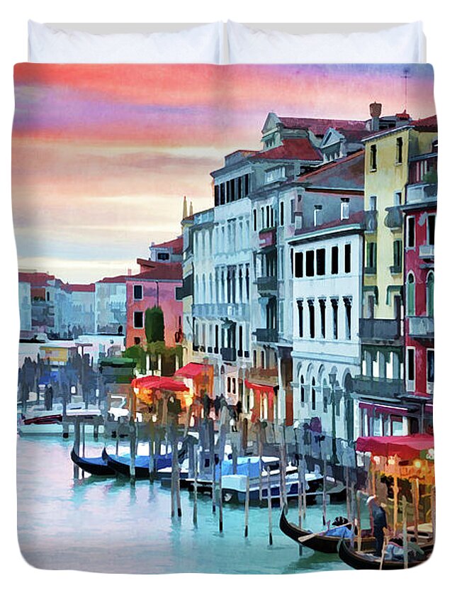 Venice Duvet Cover featuring the painting Venice, Grand Canal at sunset by Delphimages Photo Creations