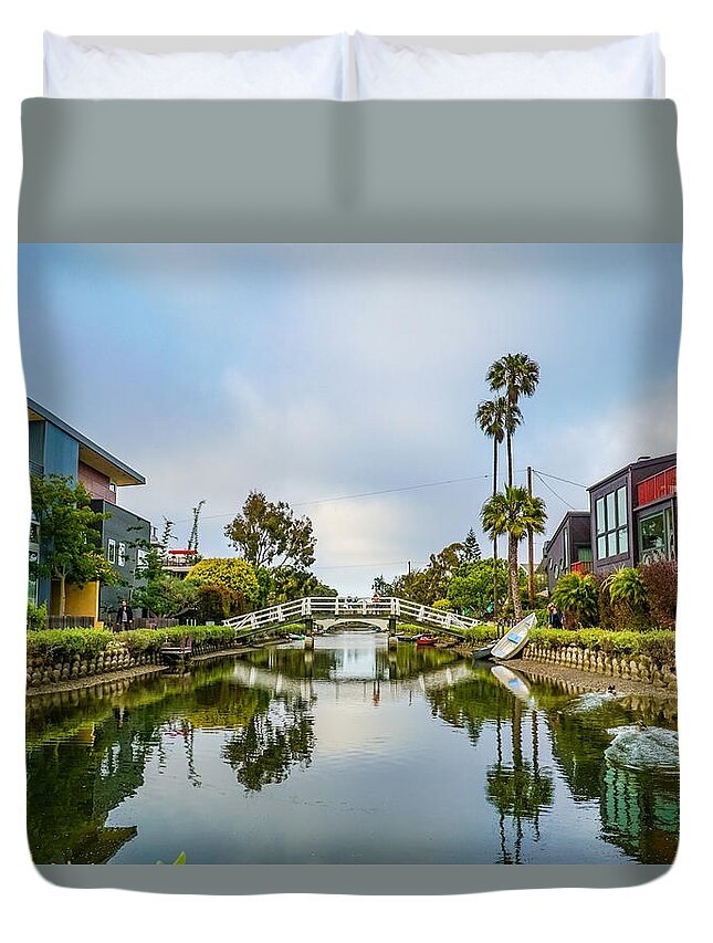 Venice Canals California Sky Water Reflection Duvet Cover featuring the photograph Venice Canals by Hilario Ruiz
