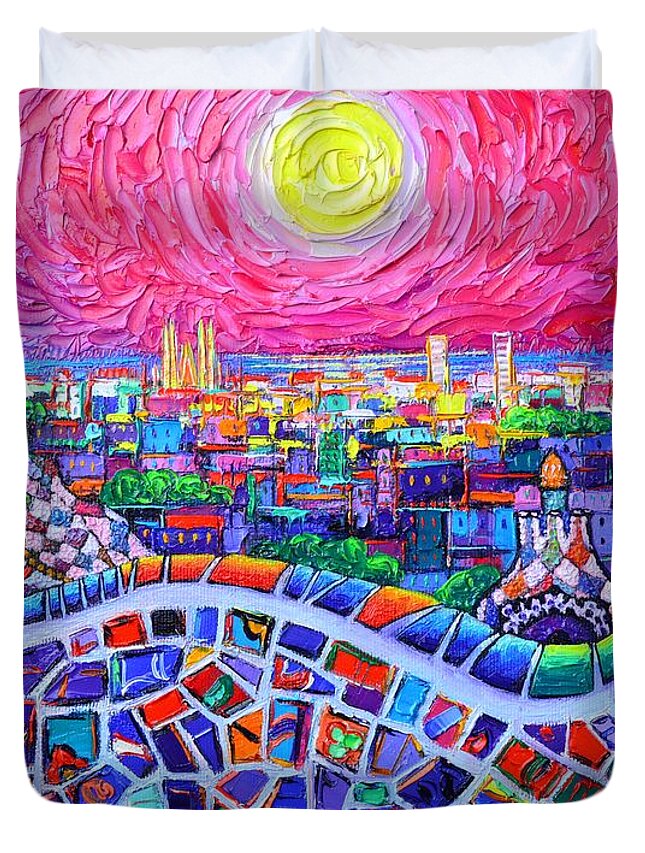 Barcelona Duvet Cover featuring the painting VIBRANT BARCELONA NIGHT VIEW FROM PARK GUELL modern impressionism knife painting Ana Maria Edulescu by Ana Maria Edulescu