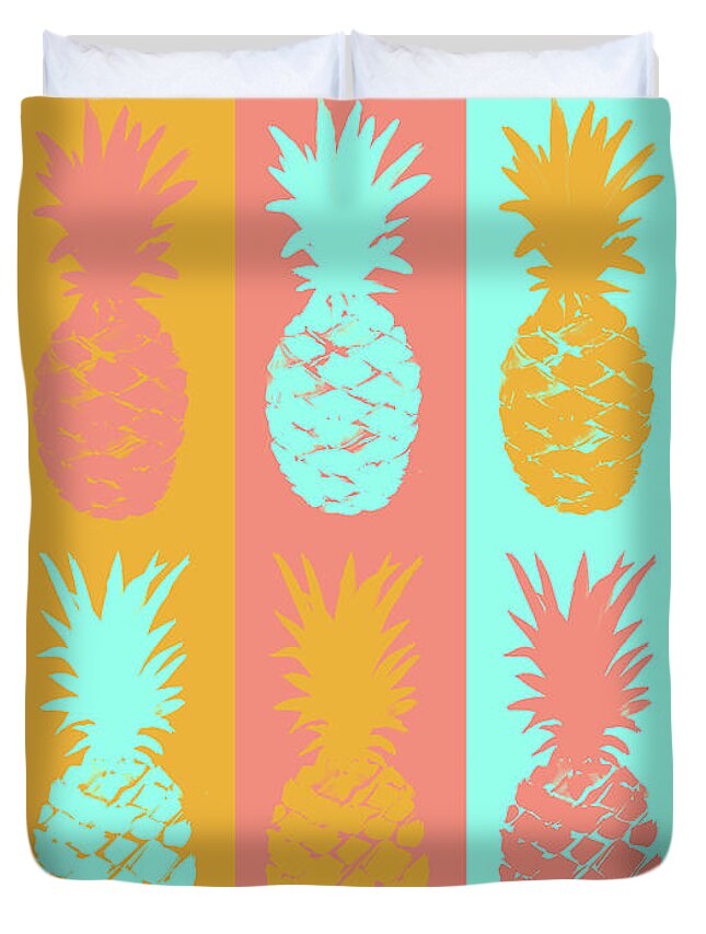 Vibrant Duvet Cover featuring the mixed media Vibrant Pineapples Fiesta by Julie Derice