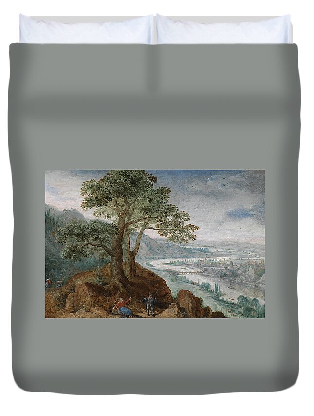 16th Century Art Duvet Cover featuring the painting View from Postlinberg to the City of Linz with a Farmer's Wife by Frederik van Valckenborch