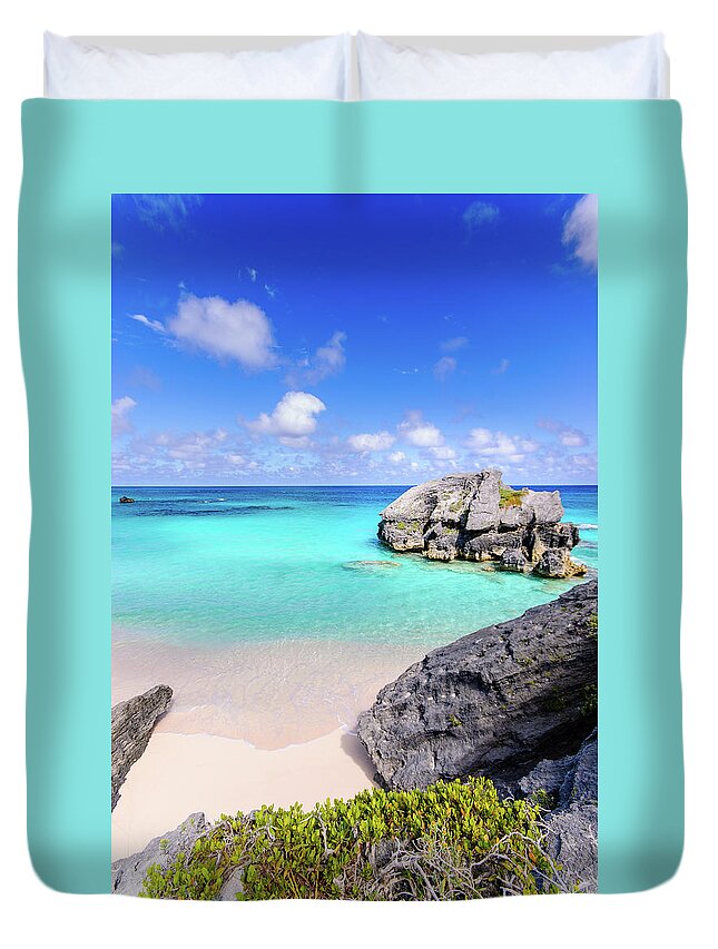 Scenics Duvet Cover featuring the photograph View Of Rock On Beach by Massimo Calmonte (www.massimocalmonte.it)