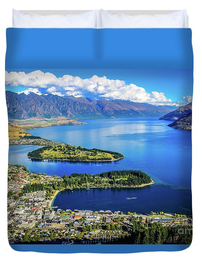 Queenstown Duvet Cover featuring the photograph View on Queenstown from Bob's Peak, New Zealand by Lyl Dil Creations