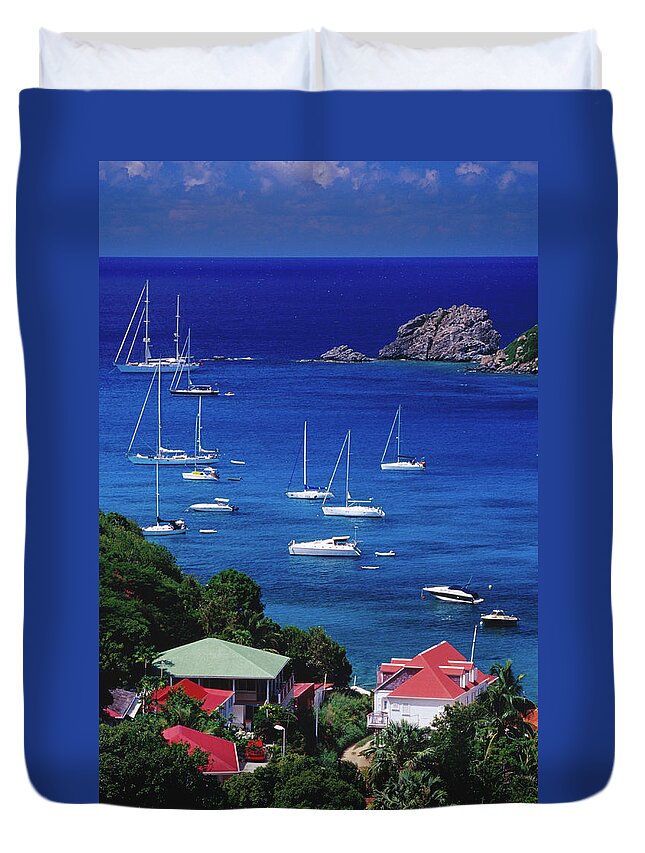 Sailboat Duvet Cover featuring the photograph Village & Yachts Moored In Corossol Bay by Richard I'anson