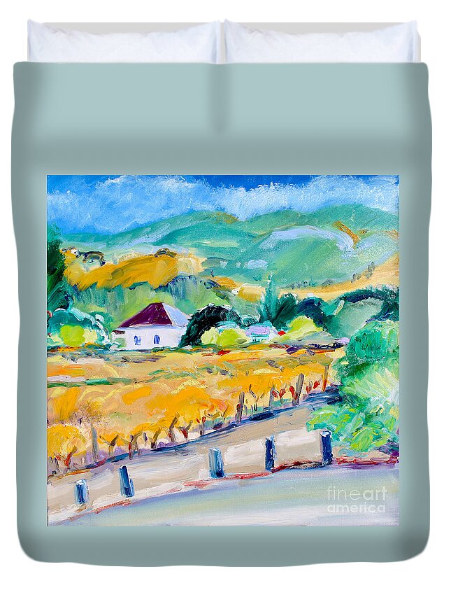 Vineyard In Autumn Duvet Cover featuring the painting Vineyard In Autumn, Napa by Richard Fox