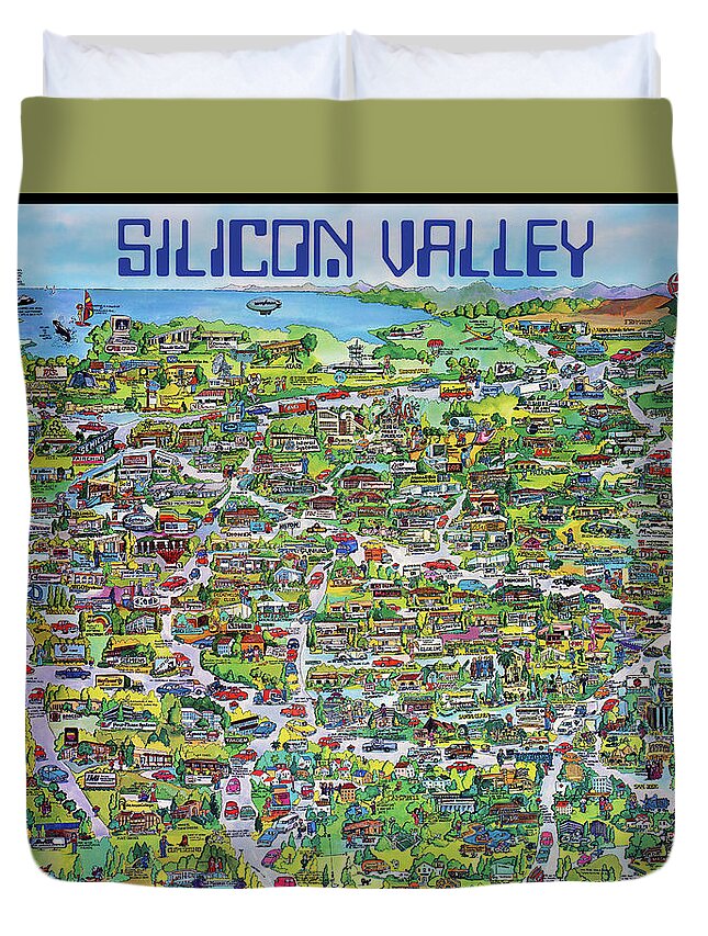 Silicon Valley Duvet Cover featuring the mixed media Vintage 1982 Silicon Valley USA Poster Print, Shows Many Historic Companies and Places by Kathy Anselmo