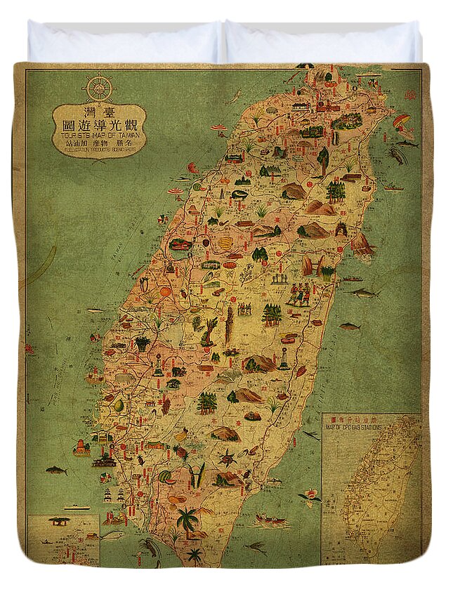 Vintage Duvet Cover featuring the mixed media Vintage Map of Taiwan by Design Turnpike