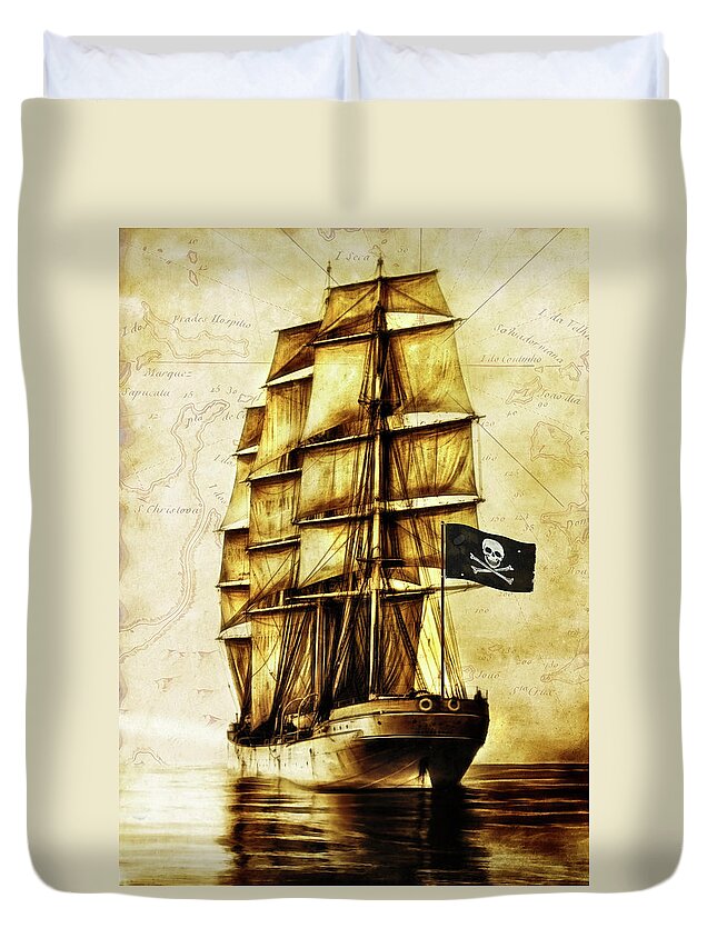 Pirate Duvet Cover featuring the digital art Vintage Pirate Ship by Doreen Erhardt