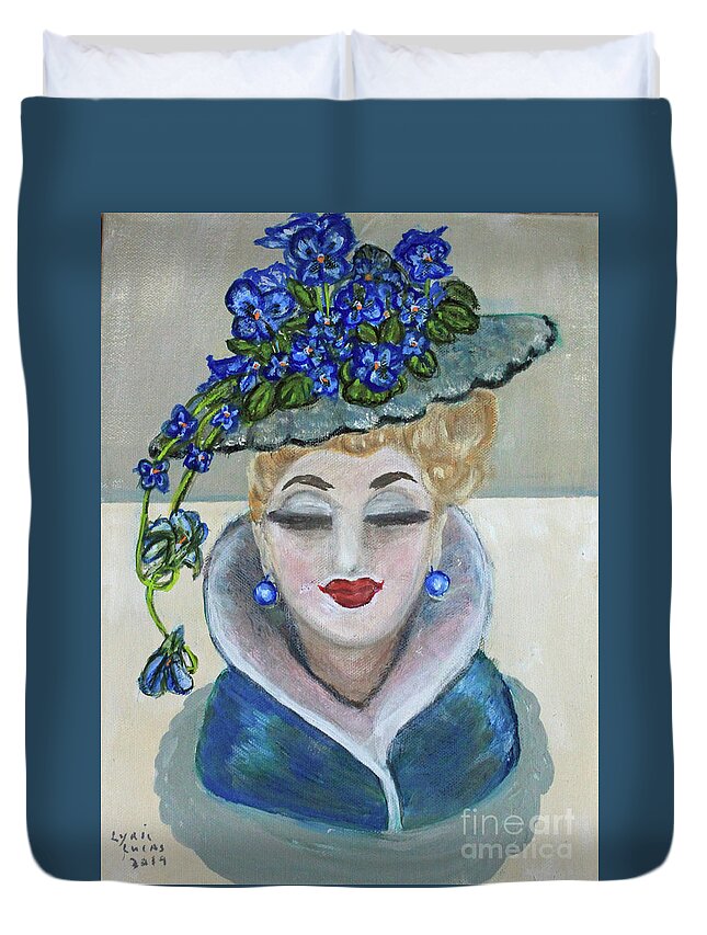 Still Life Duvet Cover featuring the painting Violets in Head Vase by Lyric Lucas