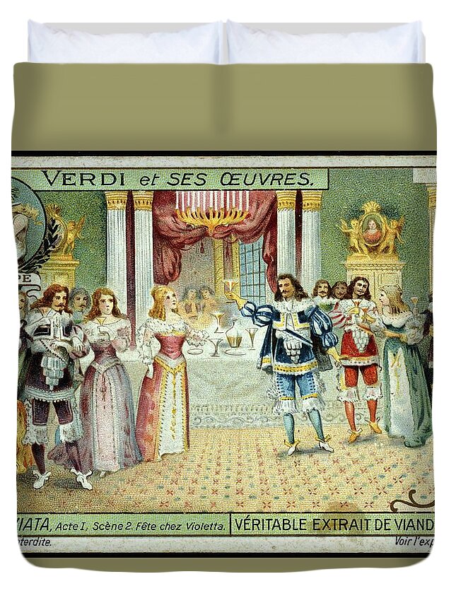 Giuseppe Verdi Duvet Cover featuring the painting Violetta at party with old protector Baron Douphol from opera 'La Traviata' by Verdi Act 1 scene2... by Album
