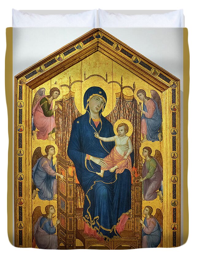Jesus Duvet Cover featuring the photograph Virgin and Child Enthroned Surrounded by Angels Rucellai Madonna by Duccio di Buoninsegna Uffizi by Wayne Moran