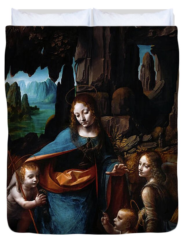 Virgin Of The Rocks Duvet Cover featuring the painting Virgin Of The Rocks by Leonardo da Vinci by Rolando Burbon