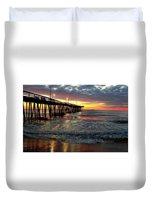 Sunrise Duvet Cover featuring the photograph Virginia Beach Fishing Pier by Jeff Heimlich