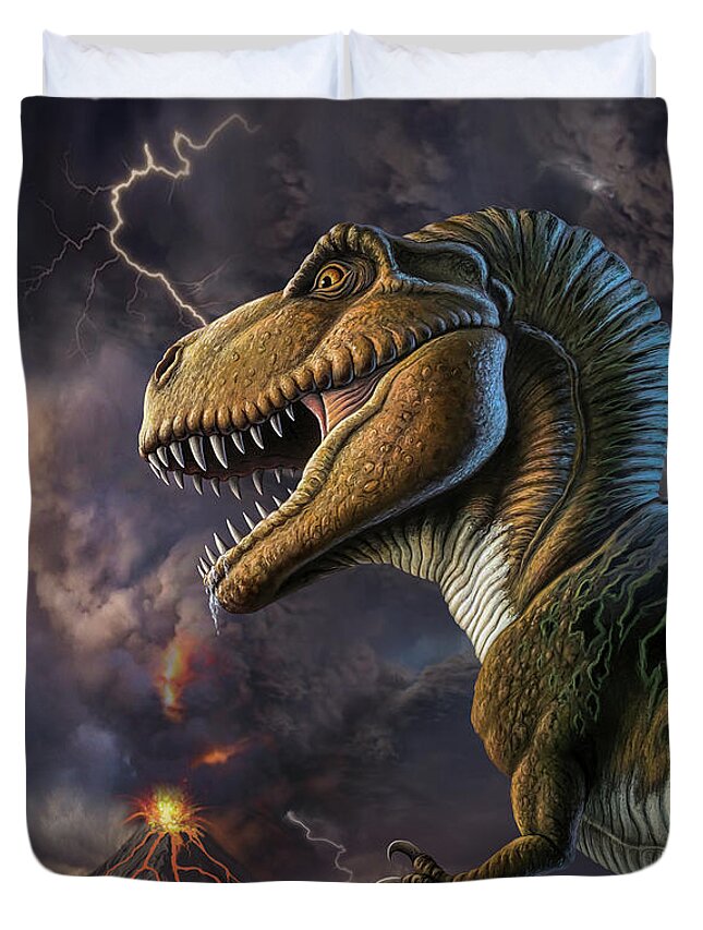 T-rex Duvet Cover featuring the mixed media Volcano Rex by Jerry LoFaro