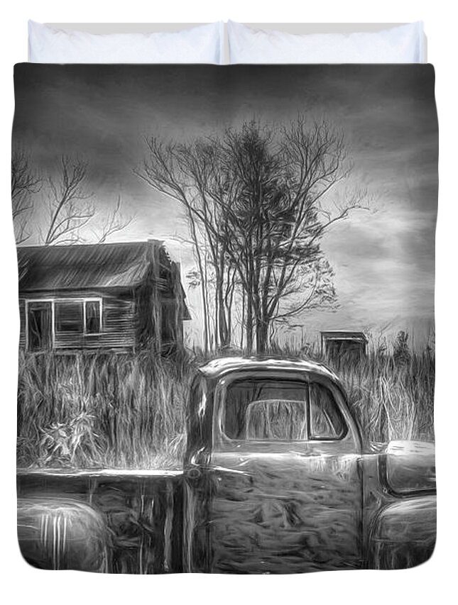 1949 Duvet Cover featuring the photograph Waiting for Grandpa Black and White by Debra and Dave Vanderlaan
