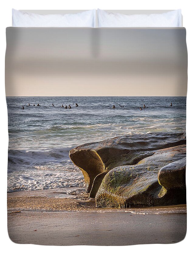 Beach Duvet Cover featuring the photograph Waiting for the Perfect Wave by Aaron Burrows