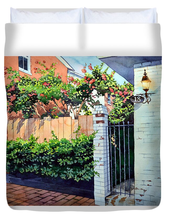 #landscape #cityscape #floweringcourtyard #watercolor #rustic #brick #americana Duvet Cover featuring the painting Walking on Jefferson by Mick Williams