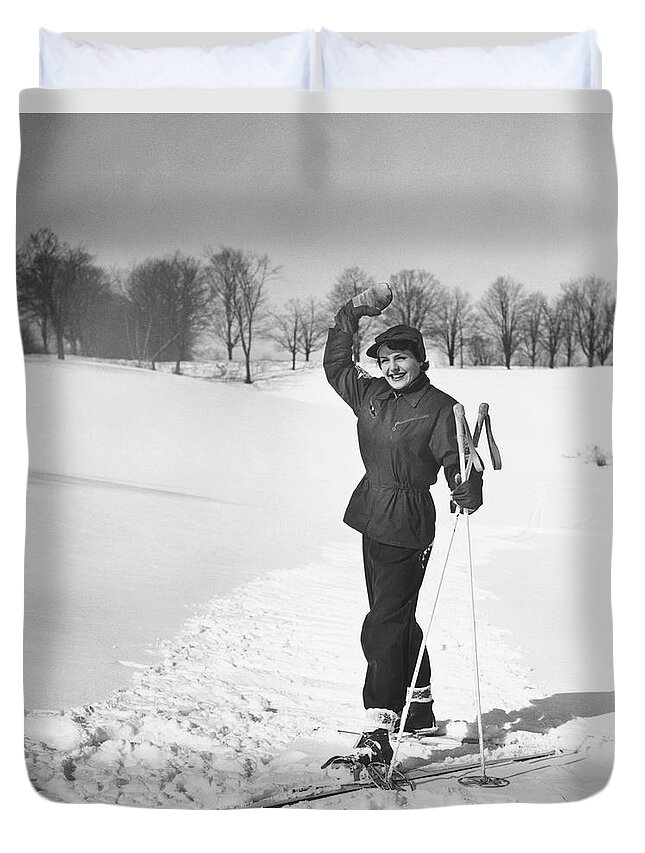 Ski Pole Duvet Cover featuring the photograph Wan Cross-country Skiing, Waving, B&w by George Marks