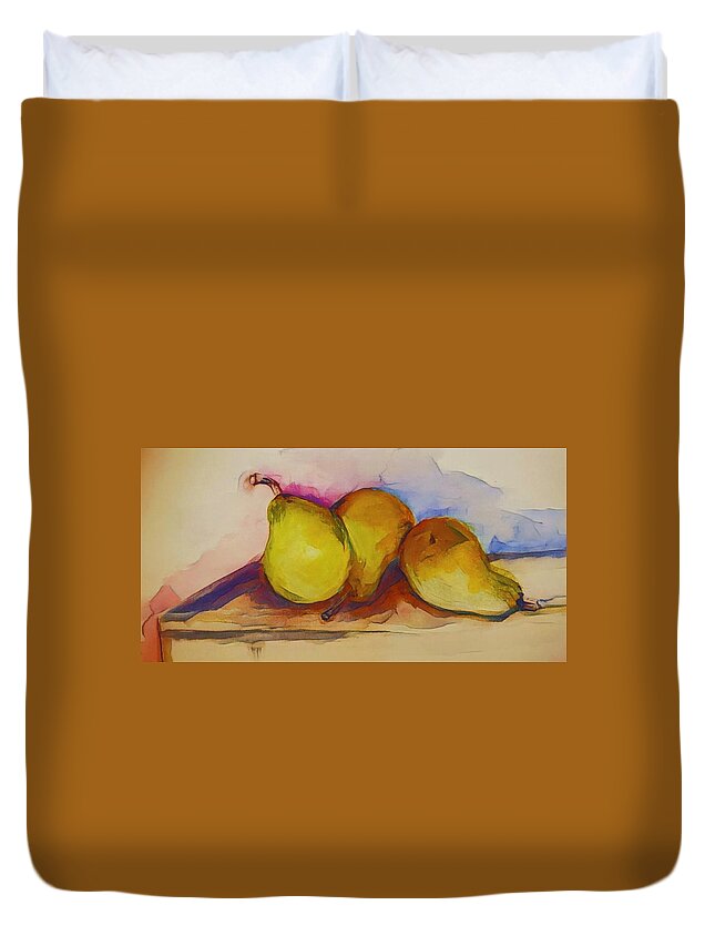 Pears Duvet Cover featuring the digital art Warm Pear Watercolor by Lisa Kaiser