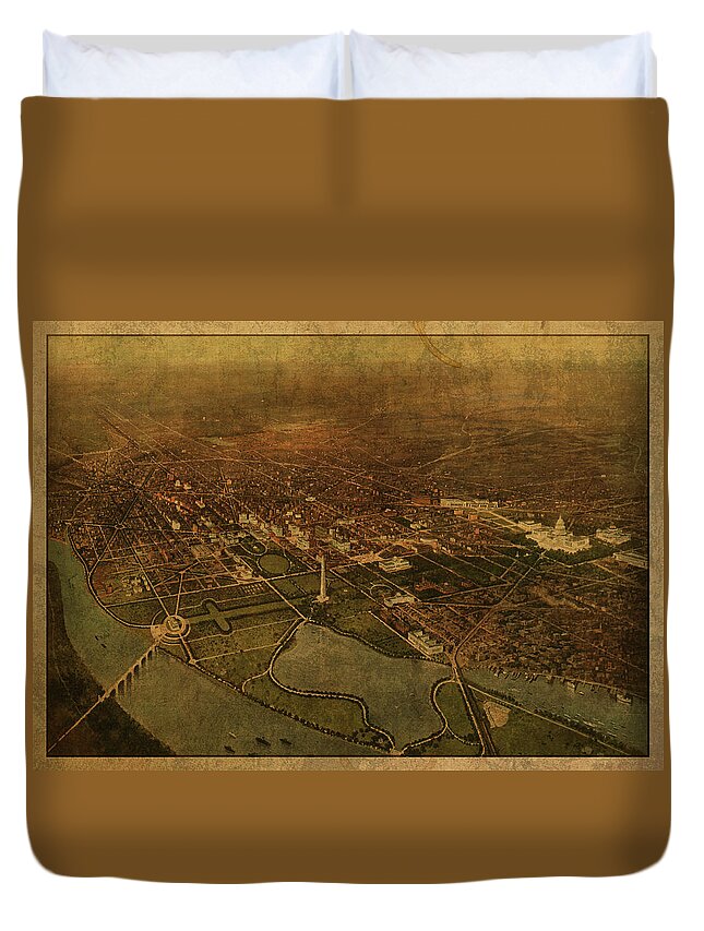 Washington Dc Duvet Cover featuring the mixed media Washington DC District of Columbia Vintage City Street Map Birds Eye View 1916 by Design Turnpike